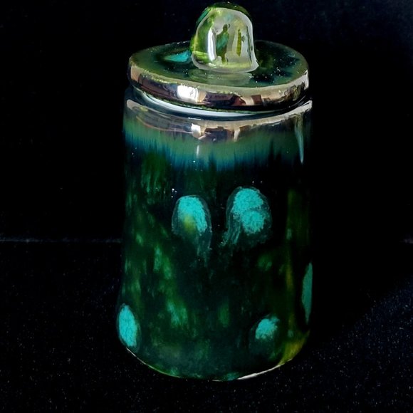 Handmade Small Ceramic Stash Jar Marsh Green with Turquoise Blooms - Picture 2 of 9